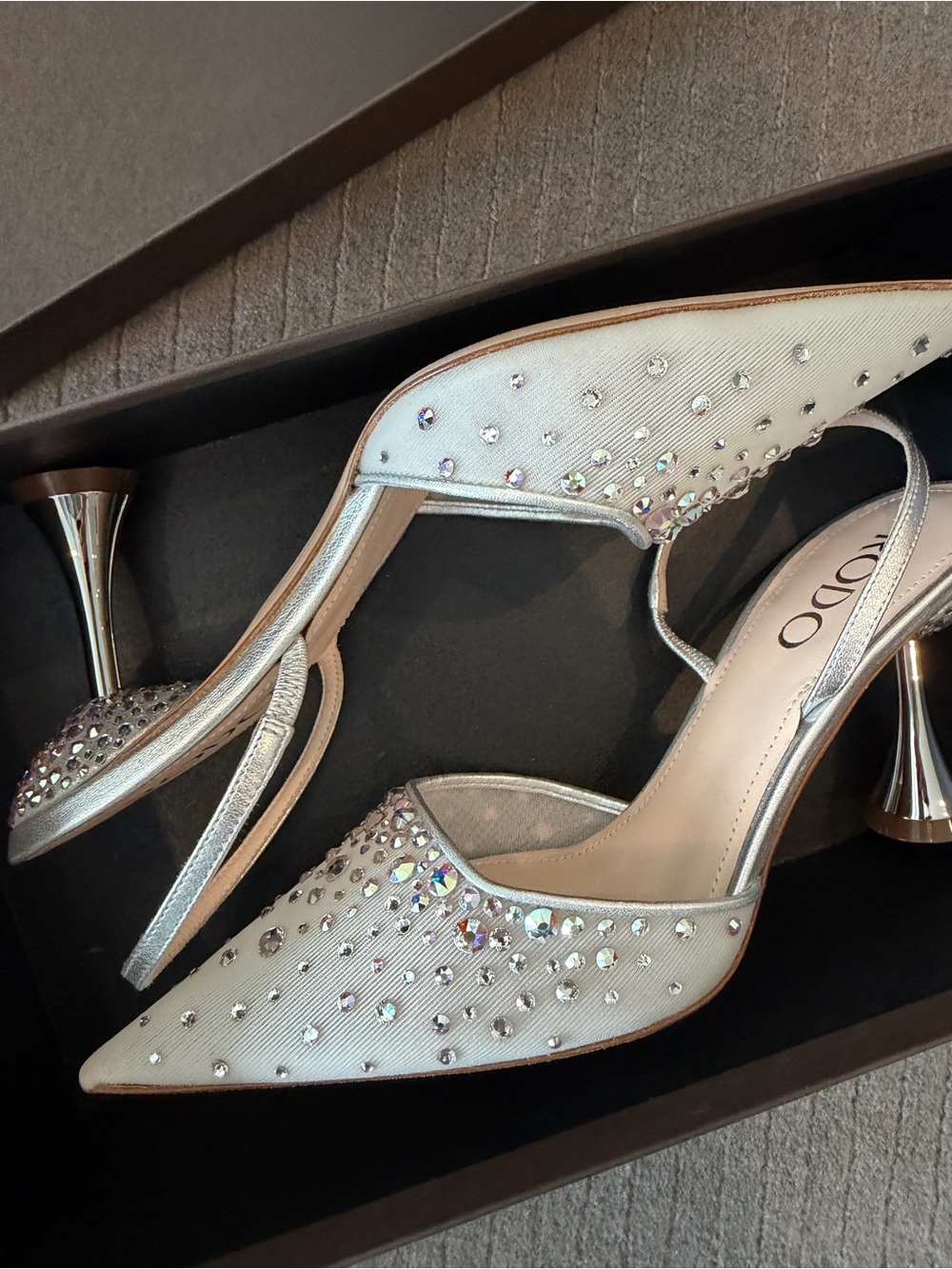 Rodo White Crystal-Studded Pointed Slingback Heels - Picture 2 of 6